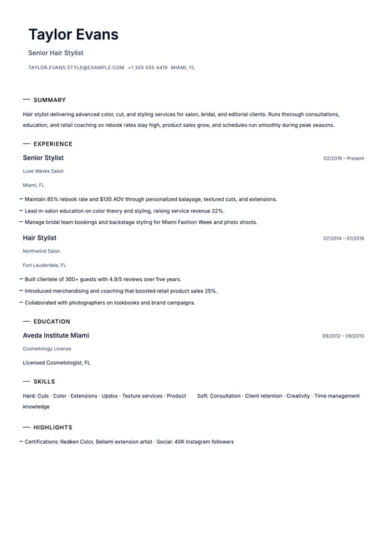 Hair Stylist Resume Example