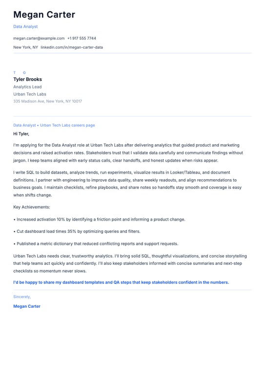 Data Analyst Cover Letter Example