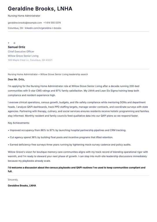 Nursing Home Administrator Cover Letter Example
