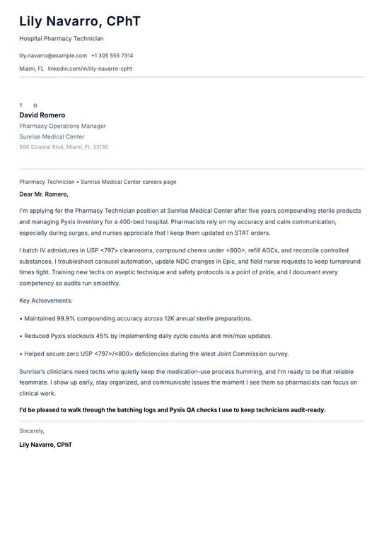 Pharmacy Technician Cover Letter Example