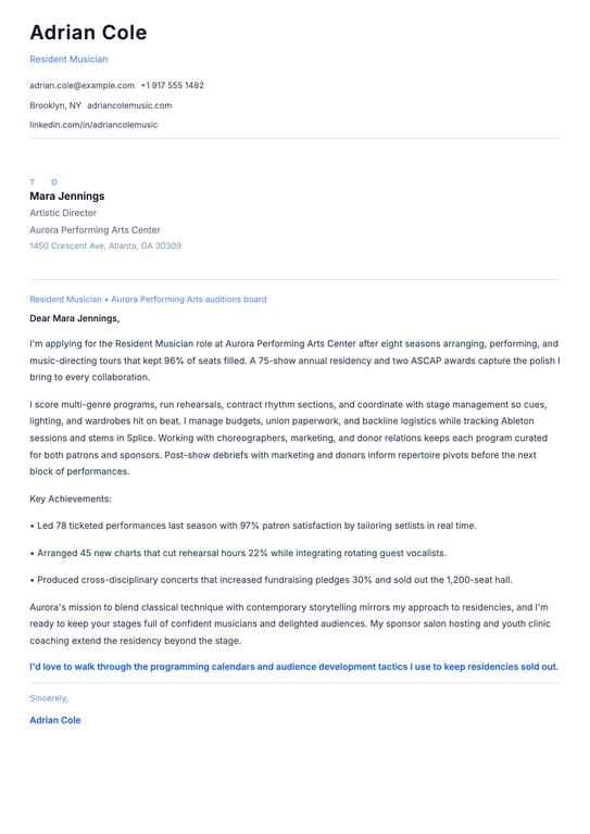 Musician Cover Letter Example