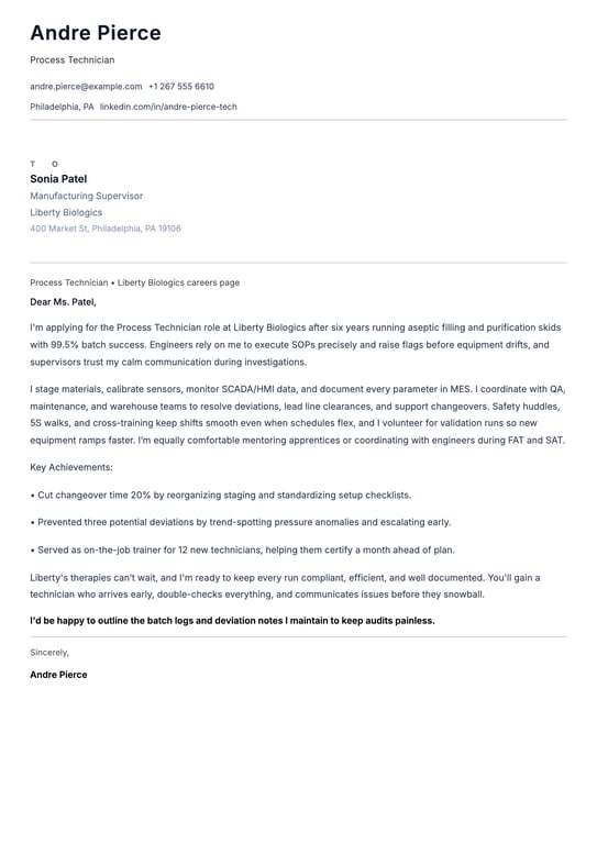 Process Technician Cover Letter Example