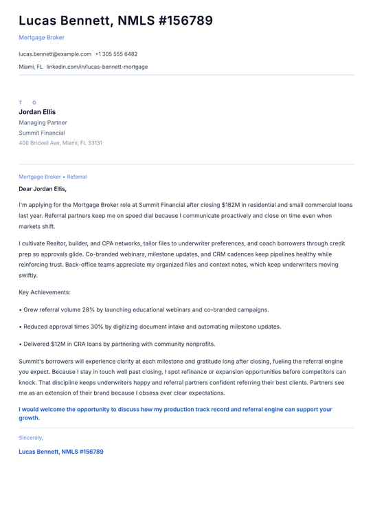 Mortgage Broker Cover Letter Example