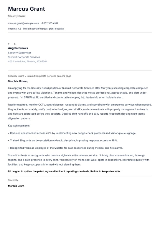 Security Guard Cover Letter Example