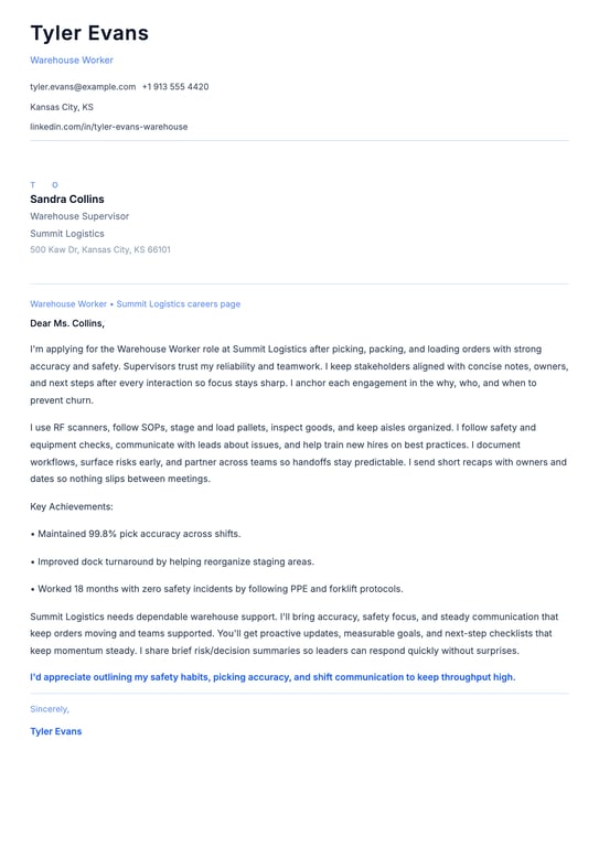 Warehouse Worker Cover Letter Example
