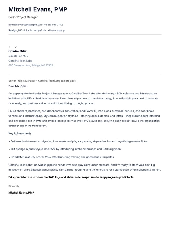 Professional Project Manager Cover Letter Example