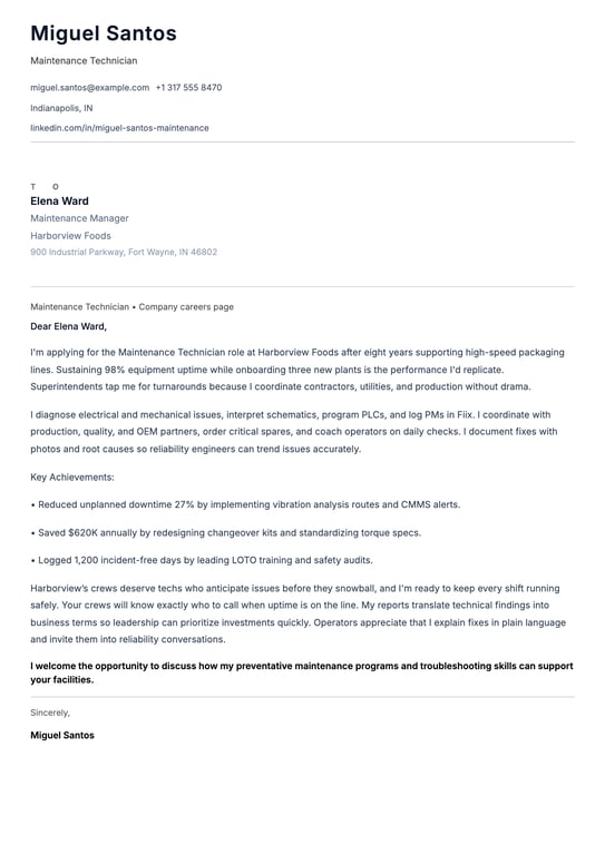 Maintenance Technician Cover Letter Example