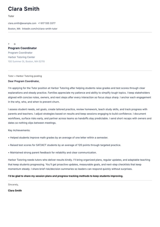 Tutor Cover Letter Example