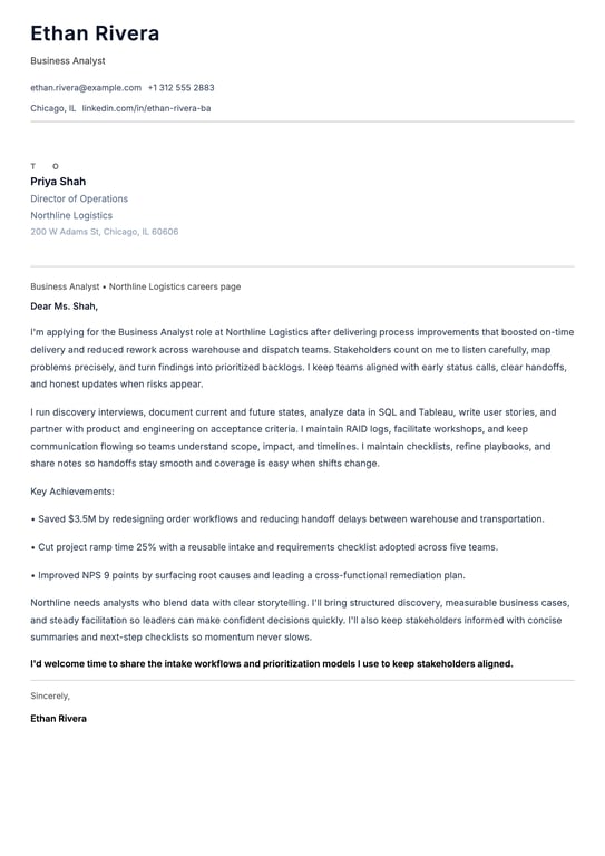 Business Analyst Cover Letter Example