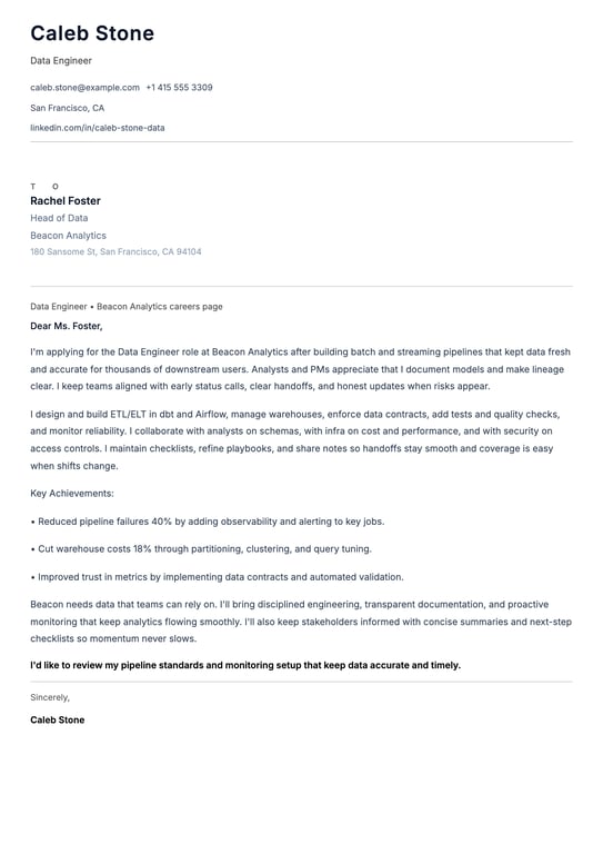 Data Engineer Cover Letter Example