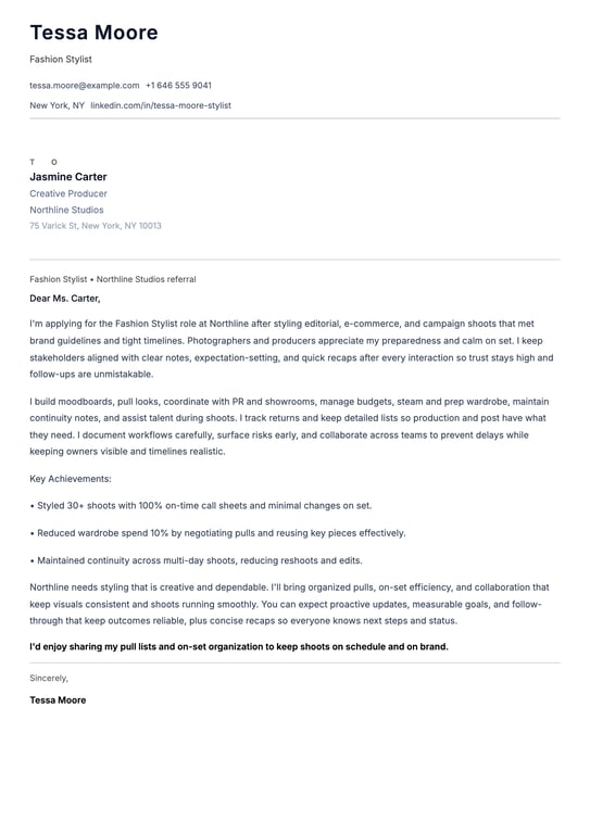 Fashion Stylist Cover Letter Example