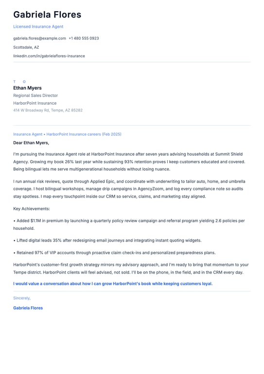 Insurance Agent Cover Letter Example