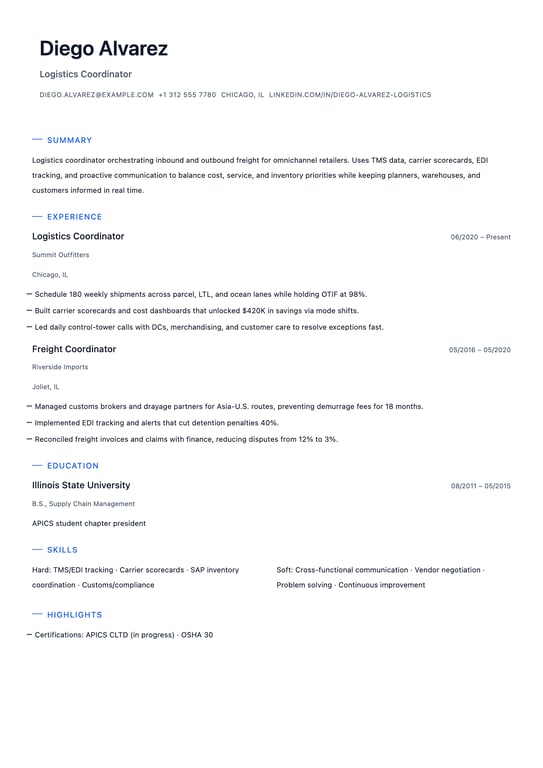 Logistics Coordinator Resume Example