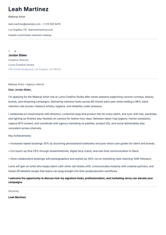 Makeup Artist Cover Letter Example