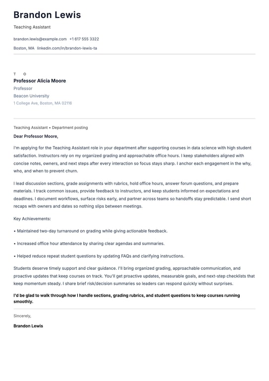 Teaching Assistant Cover Letter Example
