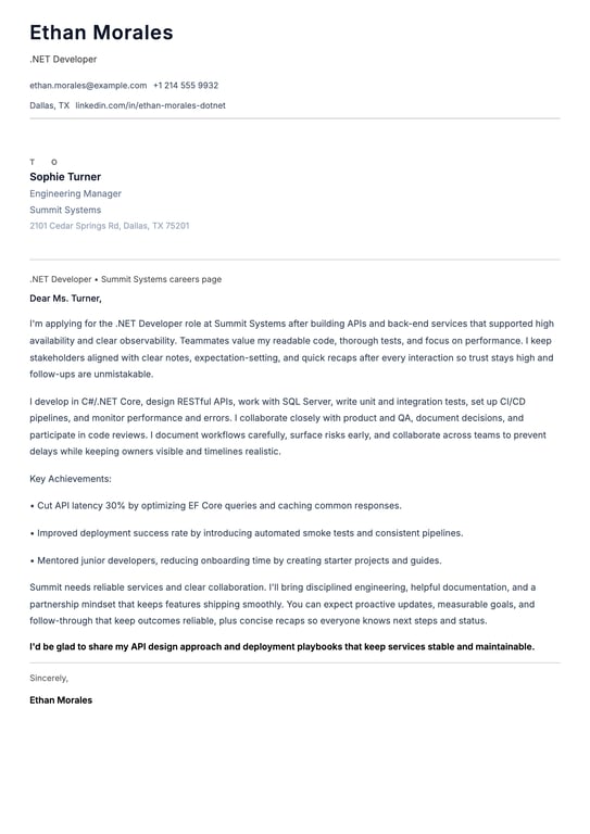 .NET Developer Cover Letter Example