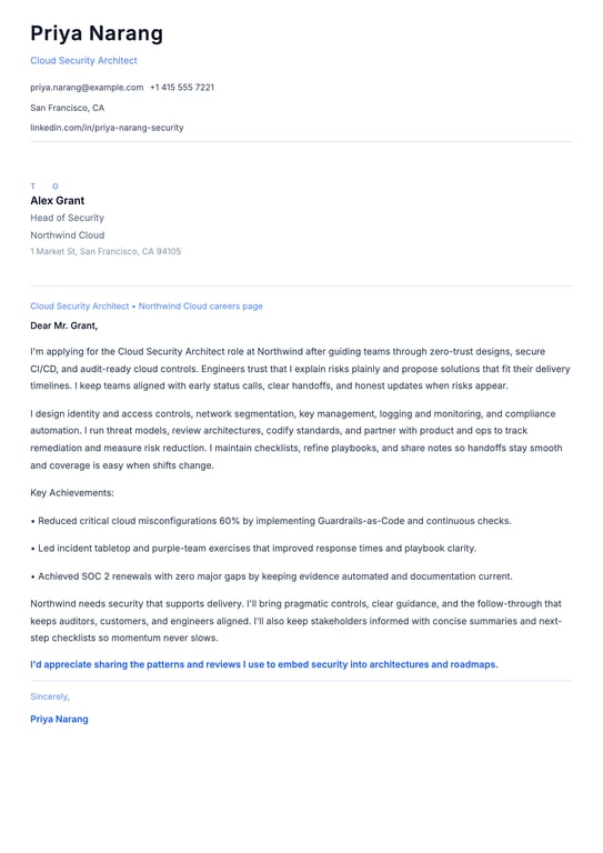 Cloud Security Architect Cover Letter Example