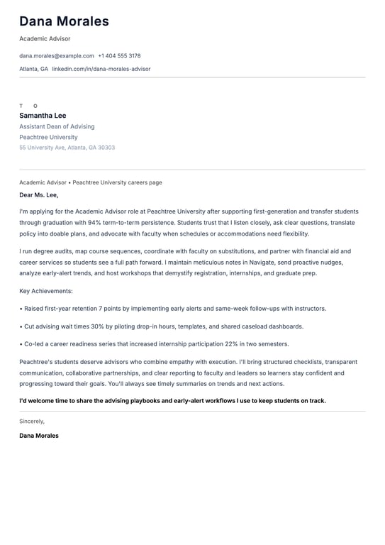 Academic Advisor cover letter example