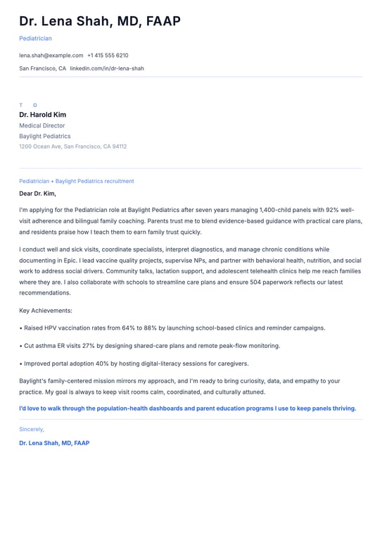 Pediatrician Cover Letter Example