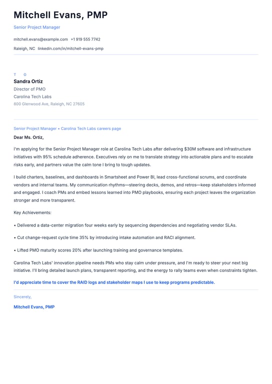 Professional Project Manager Cover Letter Example
