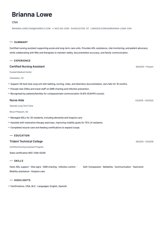 Certified Nursing Assistant Resume Example