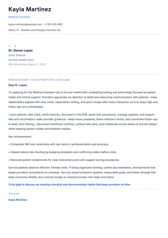 Entry Level Medical Assistant Cover Letter Example