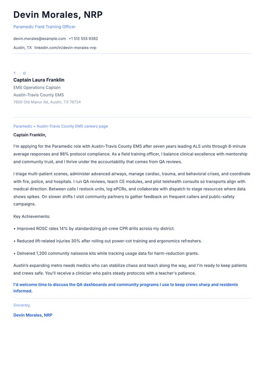 Paramedic Cover Letter Example