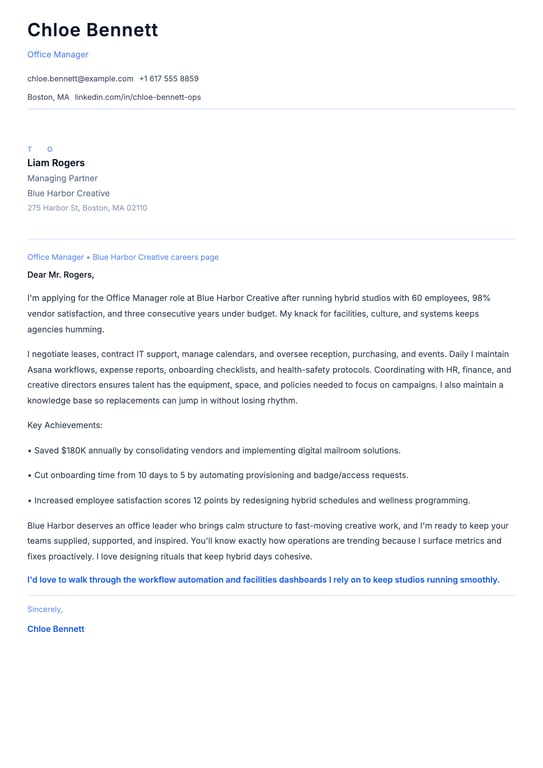 Office Manager Cover Letter Example
