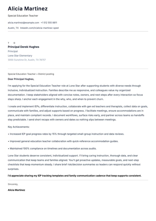 Special Education Teacher Cover Letter Example