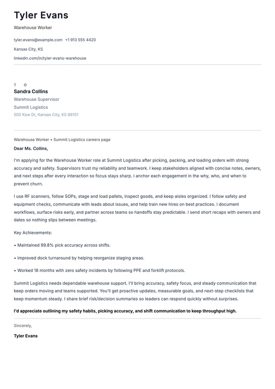 Warehouse Worker Cover Letter Example