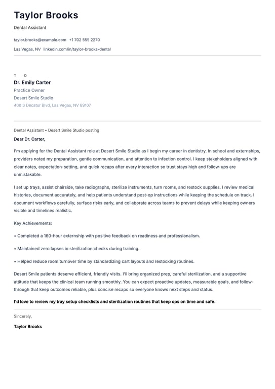 Entry Level Dental Assistant Cover Letter Example