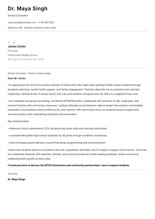 School Counselor Cover Letter Example