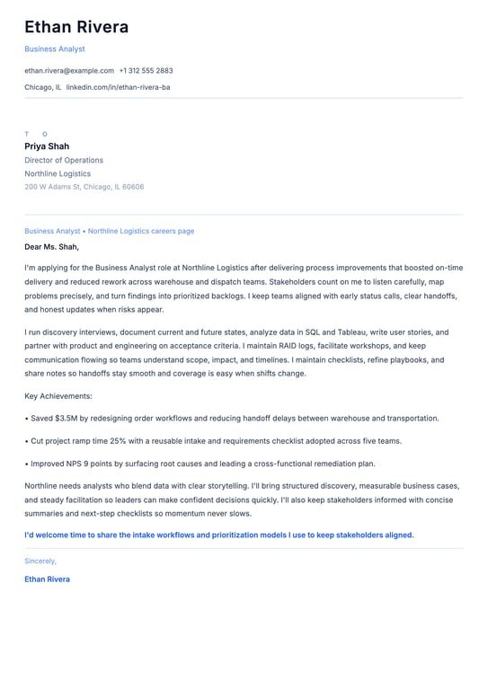 Business Analyst Cover Letter Example