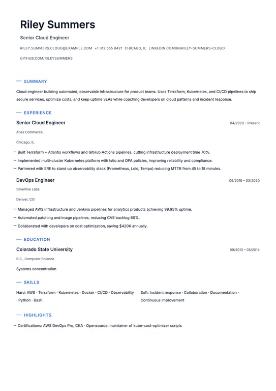 Cloud Engineer Resume Example