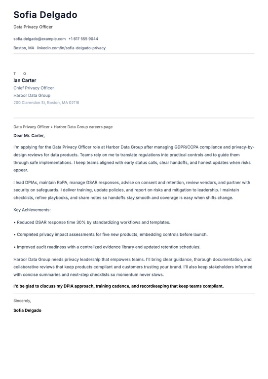 Data Privacy Officer Cover Letter Example