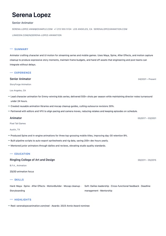 Animator Resume Example