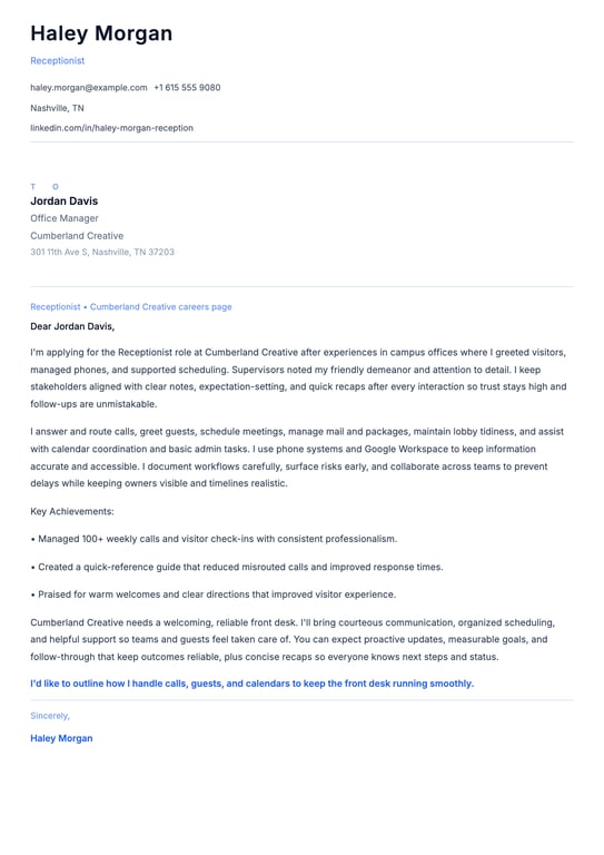 Entry Level Receptionist Cover Letter Example