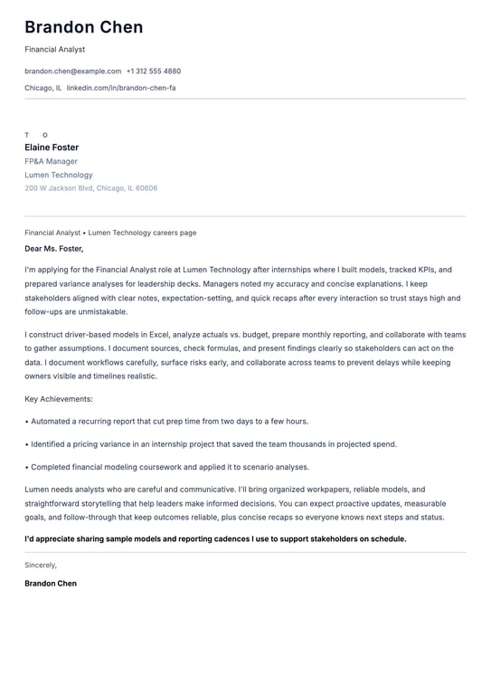 Entry Level Financial Analyst Cover Letter Example