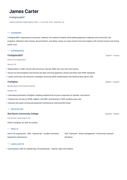 Firefighter Resume Example