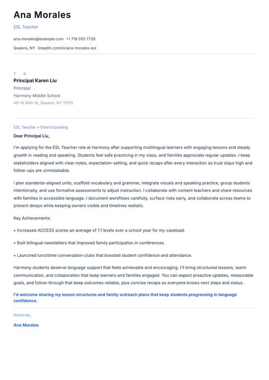 ESL Teacher Cover Letter Example