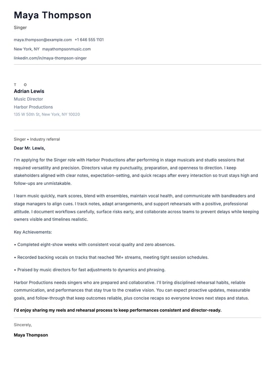 Singer Cover Letter Example