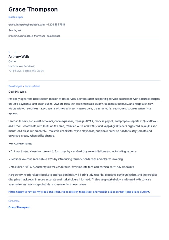 Bookkeeper Cover Letter Example