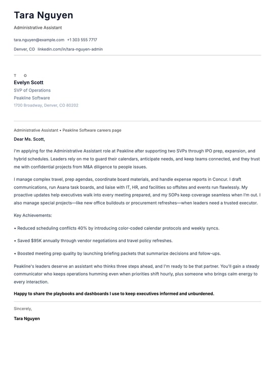 Professional Administrative Assistant Cover Letter Example