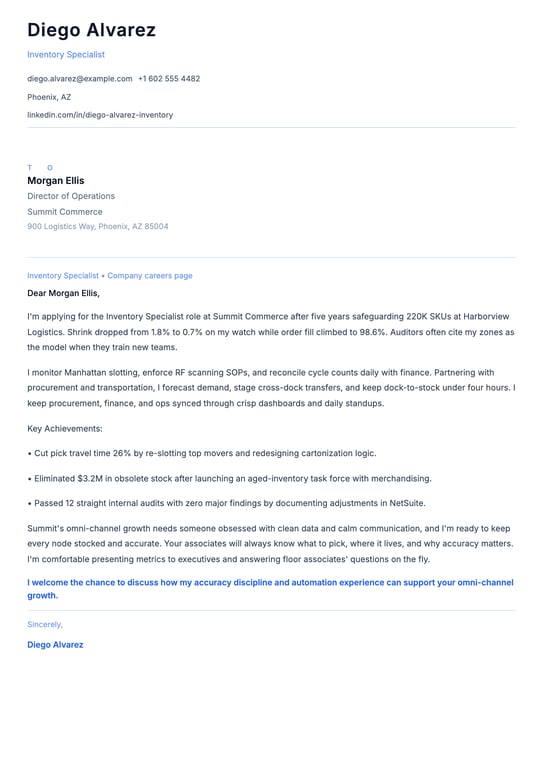 Inventory Specialist Cover Letter Example