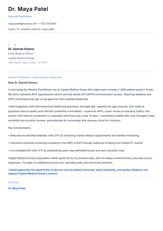General Practitioner Cover Letter Example