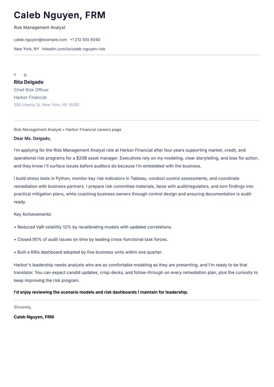 Risk Management Analyst Cover Letter Example
