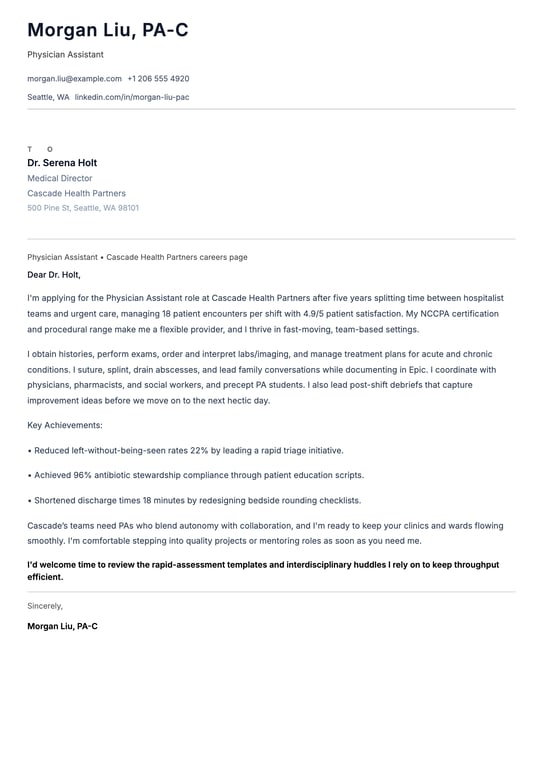 Physician Assistant Cover Letter Example