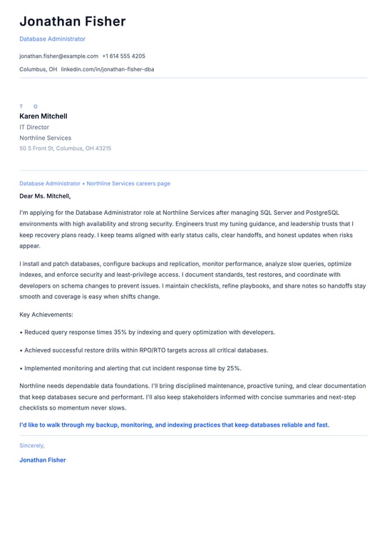 Database Administrator Cover Letter Example