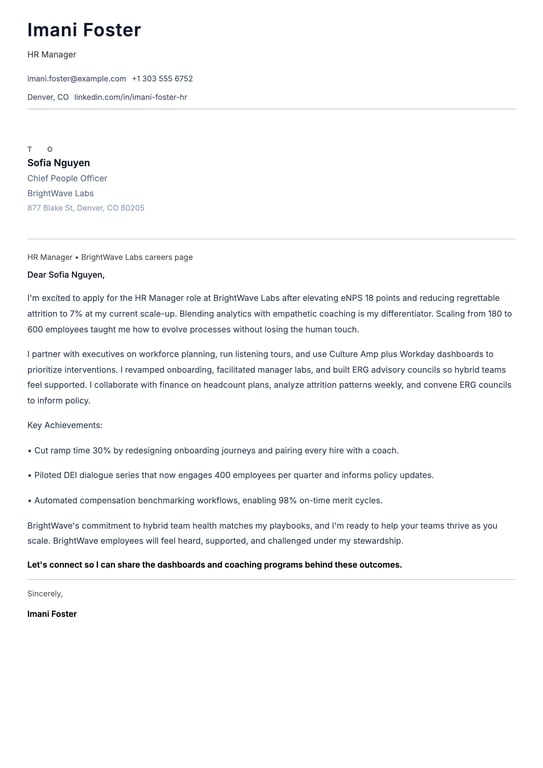 HR Manager Cover Letter Example