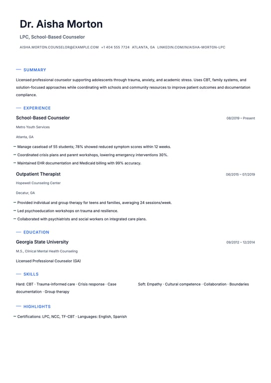 Counselor Resume Example